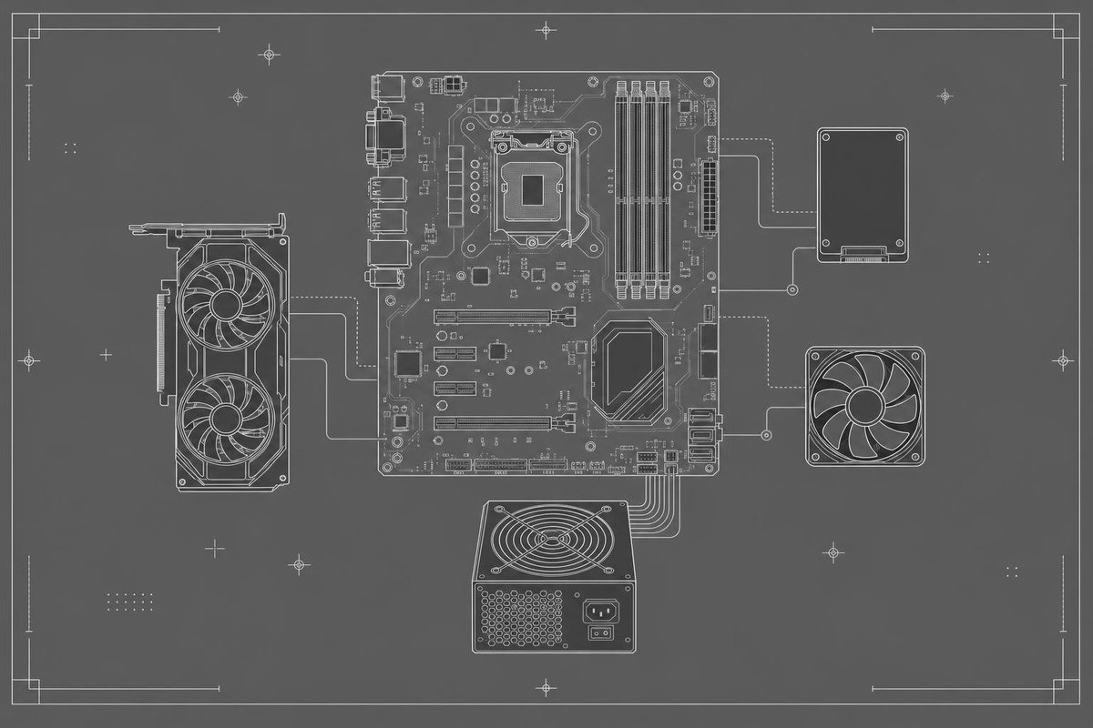 Dibujo técnico de las piezas de un PC conectadas a una placa base: tarjeta gráfica, SSD, ventilador y fuente de alimentación