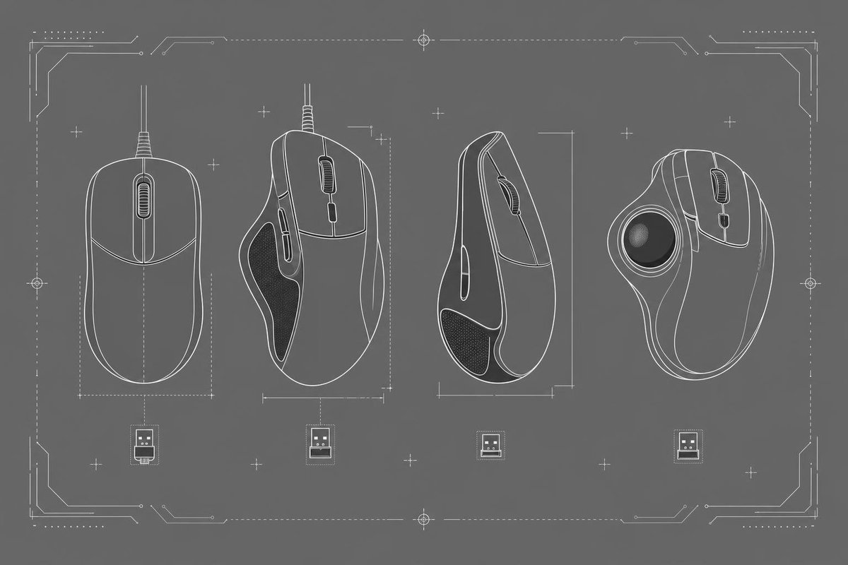 Dibujo técnico de cuatro tipos de ratón: simétrico, ergonómico, vertical y trackball