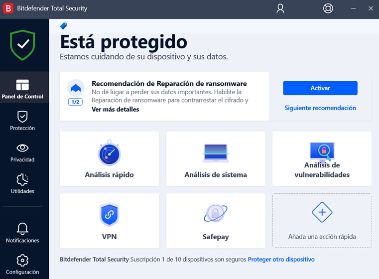 Bitdefender Total Security - Interfaz